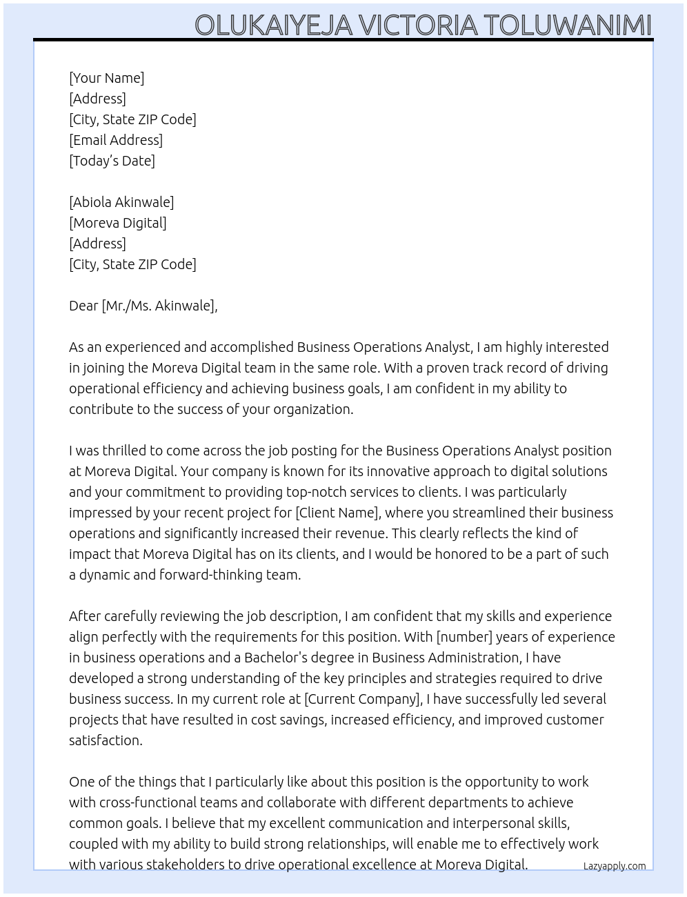 Business Operations Analyst At Moreva Digital Cover Letter