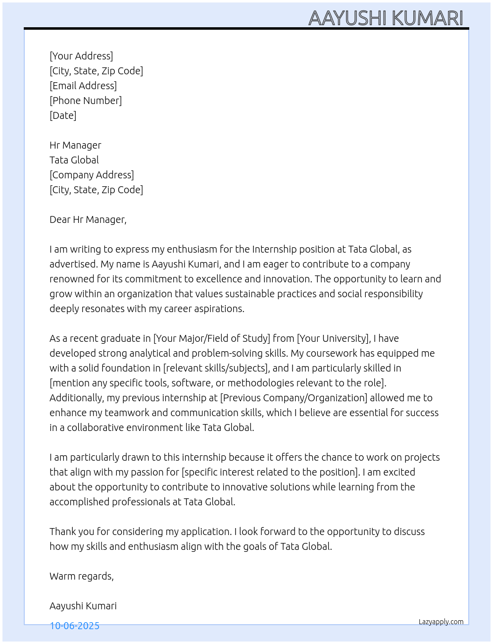 Intership At Tata global Cover Letter