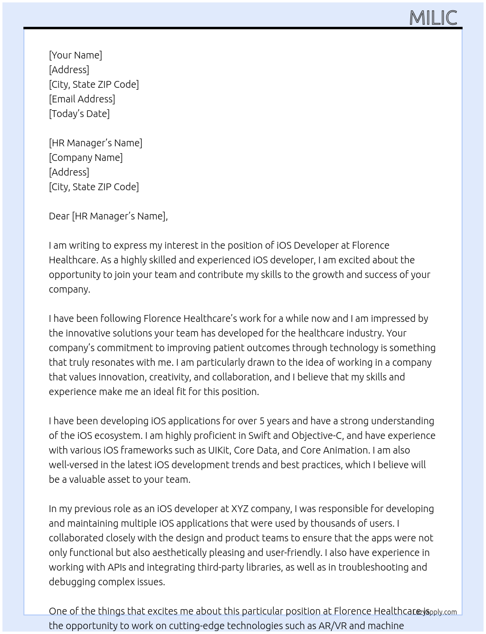 ios developer At Florence Healthcare Cover Letter