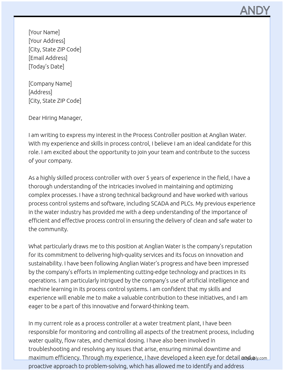 process controller At anglian water Cover Letter