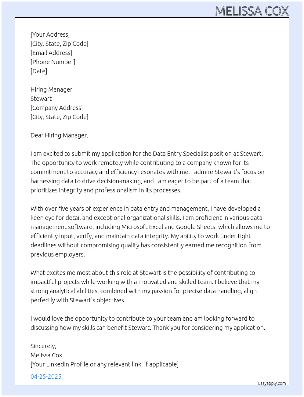 Data Entry Specialist At Stewart Cover Letter