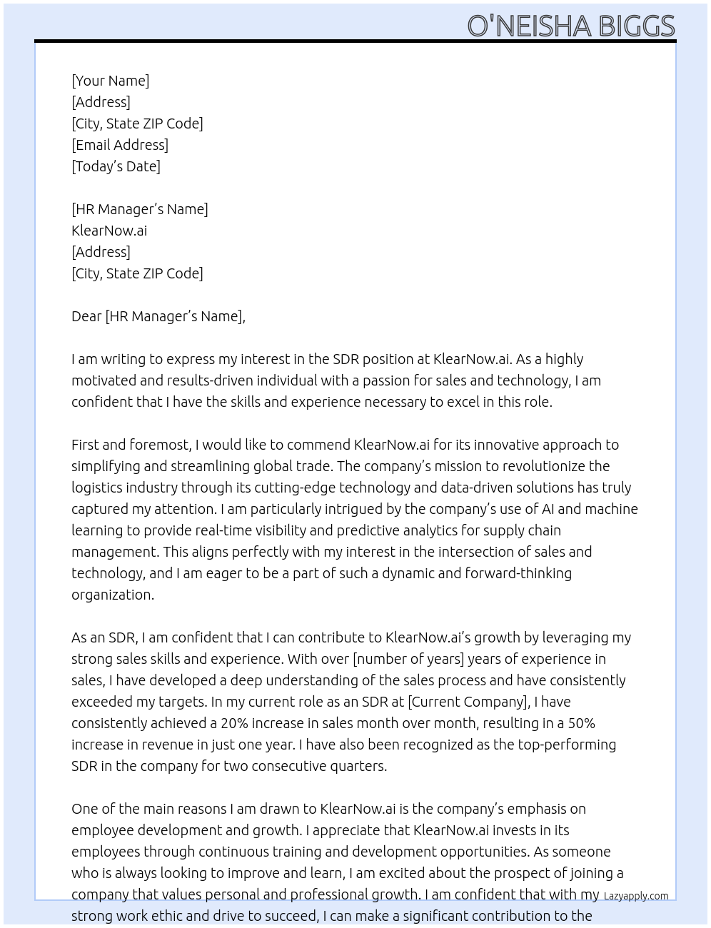 SDR At KlearNow.ai Cover Letter