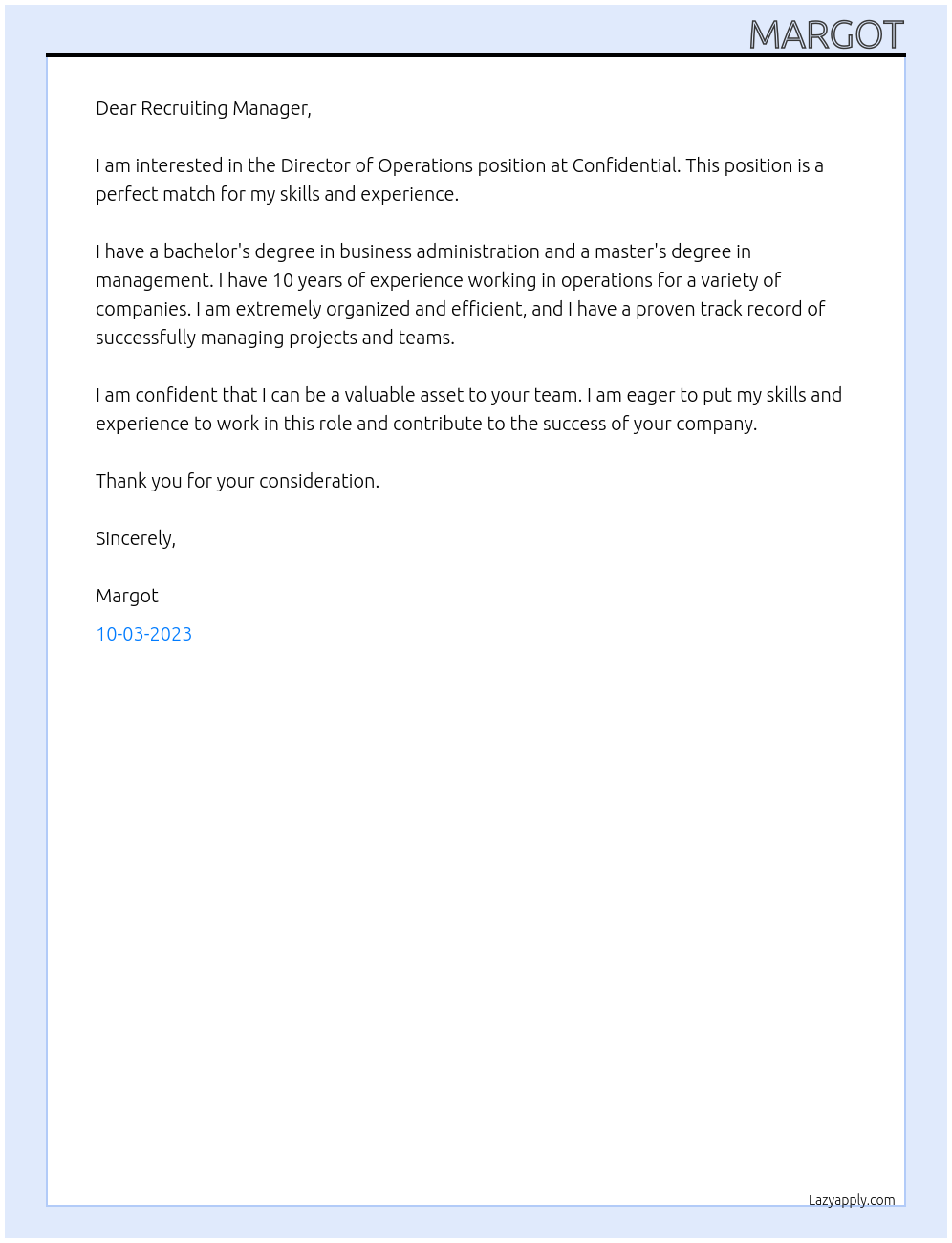 Director of operations At Confidential Cover Letter