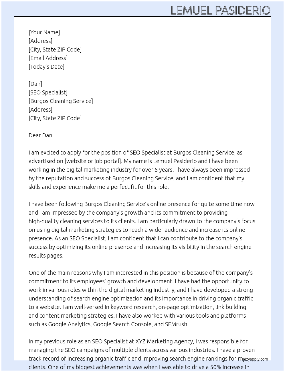 SEO Specialist At Burgos Cleaning Service Cover Letter