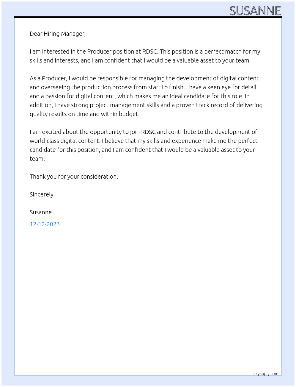 Producer At RDSC Cover Letter