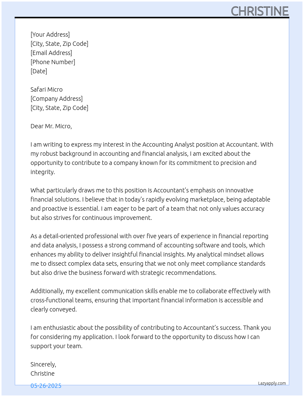 Cover letter for accounting analyst - LazyApply
