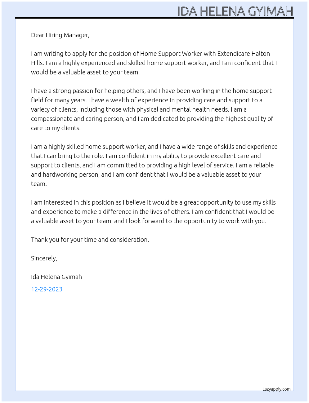 Home Support Worker At Extendicare Halton Hills Cover Letter