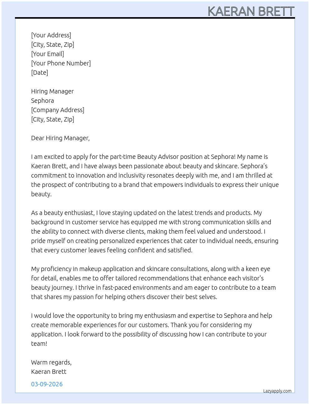 Beauty Advisor - Part-time At Sephora Cover Letter