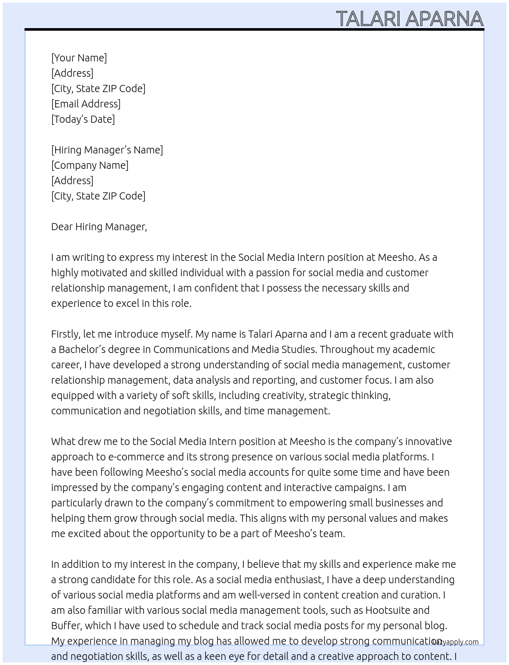 Social Media Intern At Meesho Cover Letter