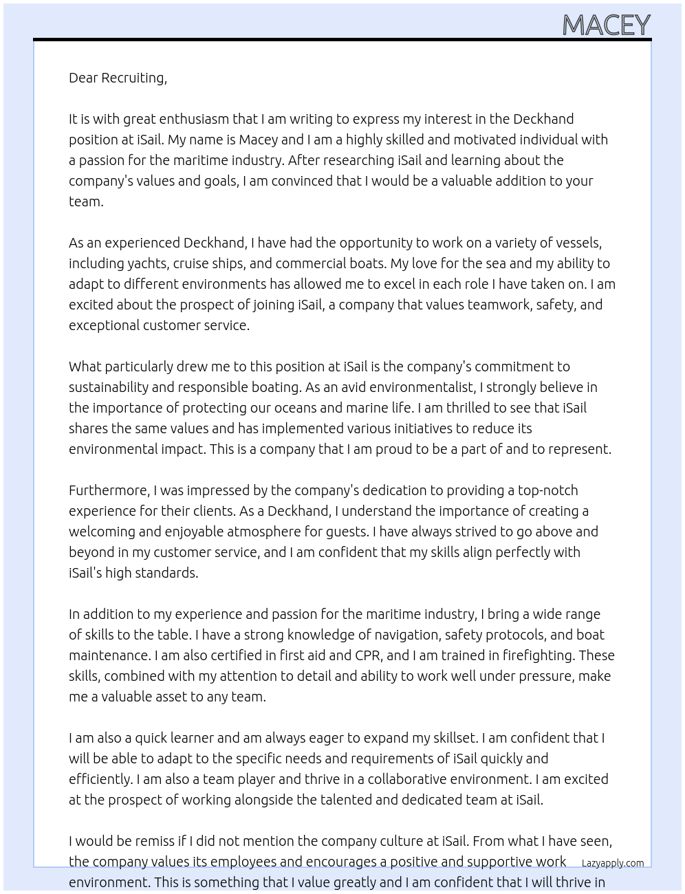 Deckhand At iSail Cover Letter