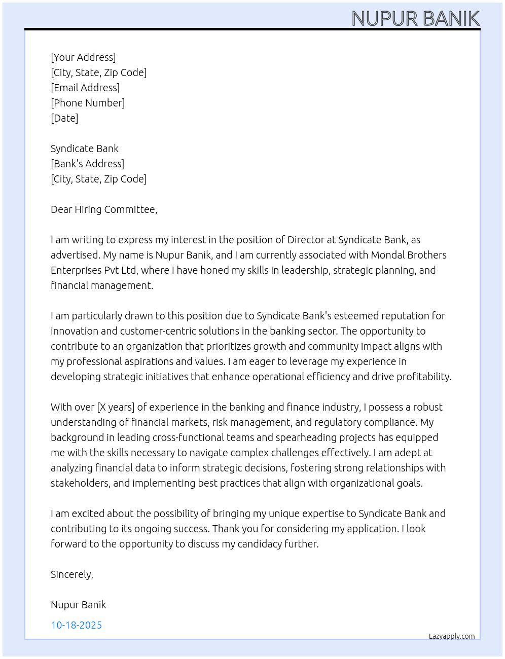 Cover letter for director - LazyApply