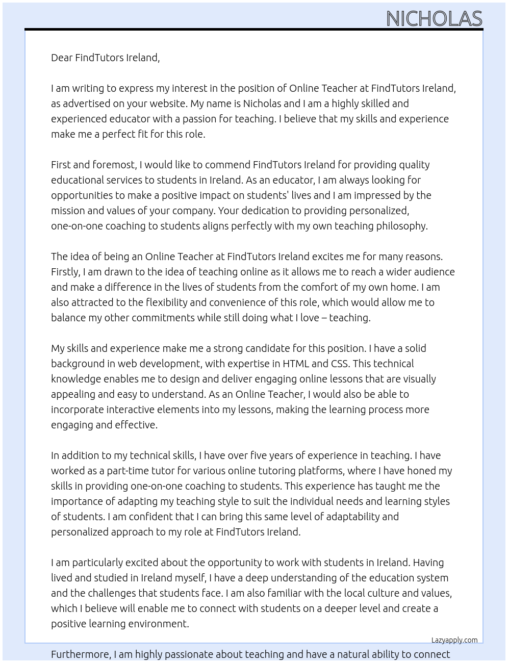 Online teacher  At FindTutors Ireland  Cover Letter