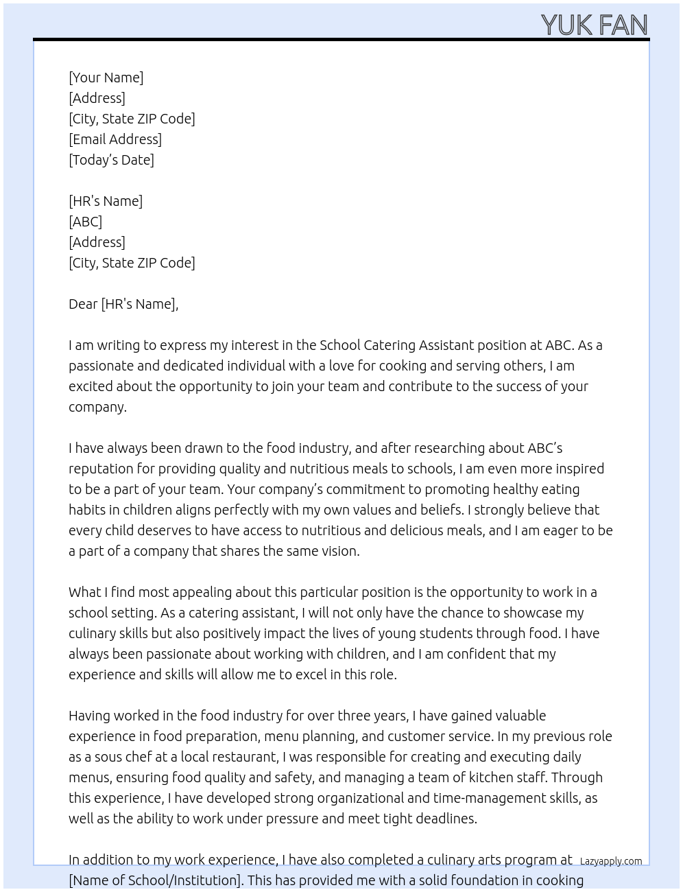 school catering assistant At ABC Cover Letter