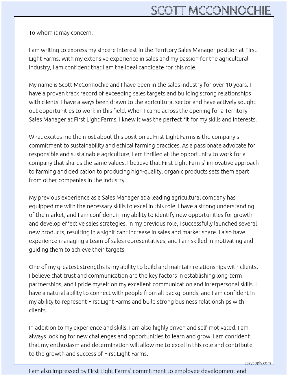 Territory Sales manager At First light farms Cover Letter