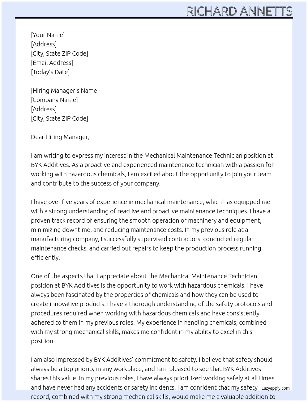 Mechanical Maintenance Technician At BYK Additives Cover Letter