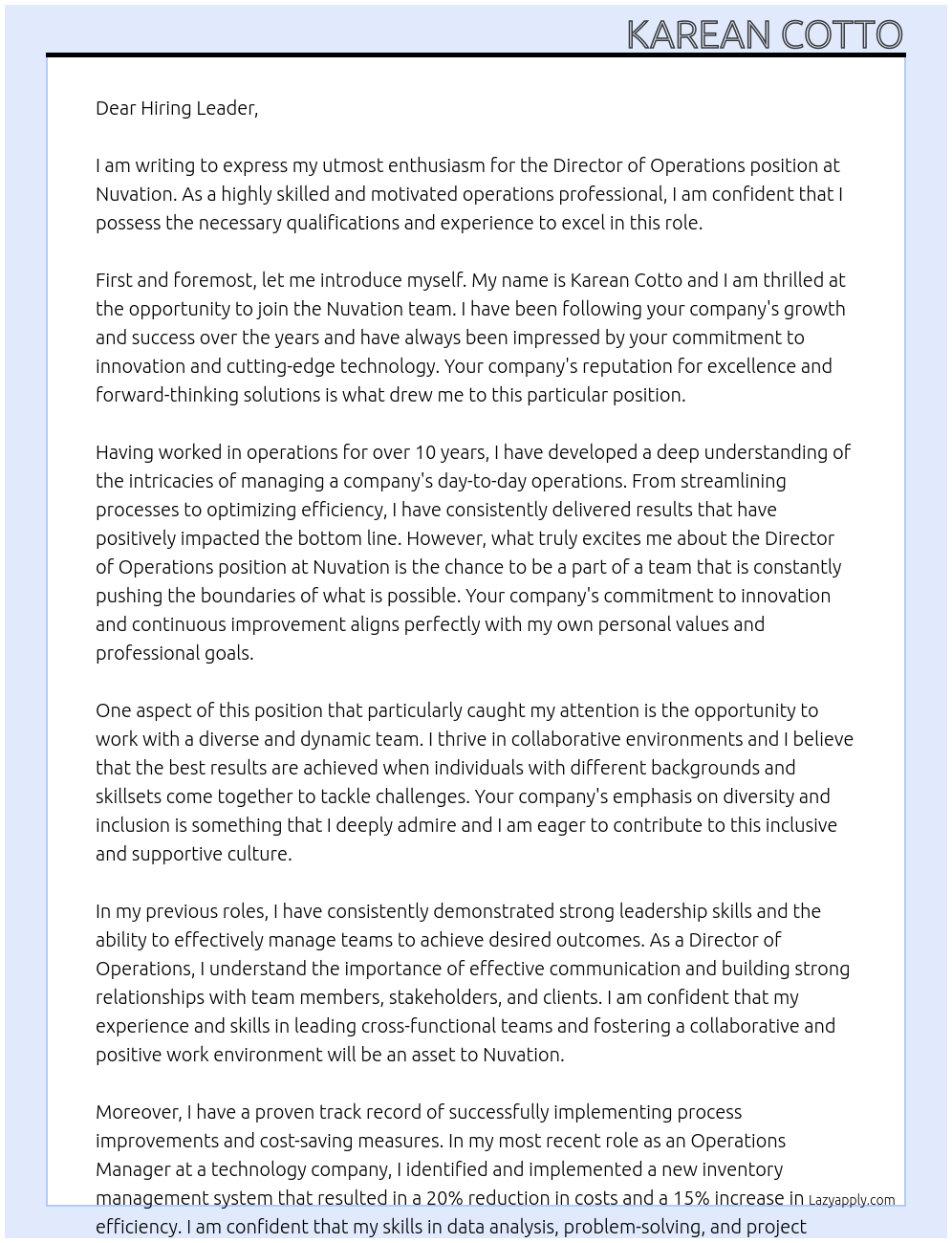Director of Operations At Nuvation Cover Letter
