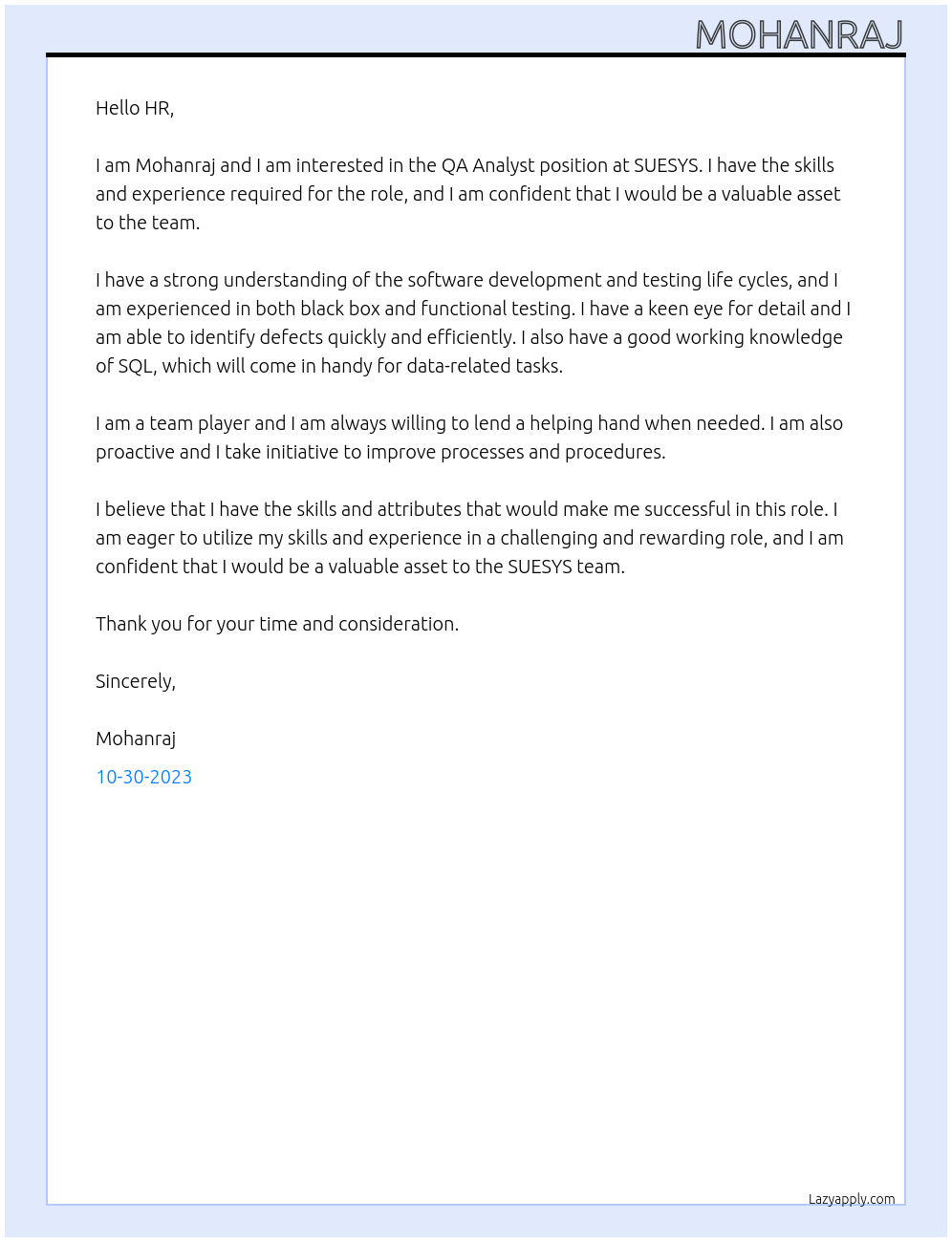 QA Analyst At SUESYS Cover Letter