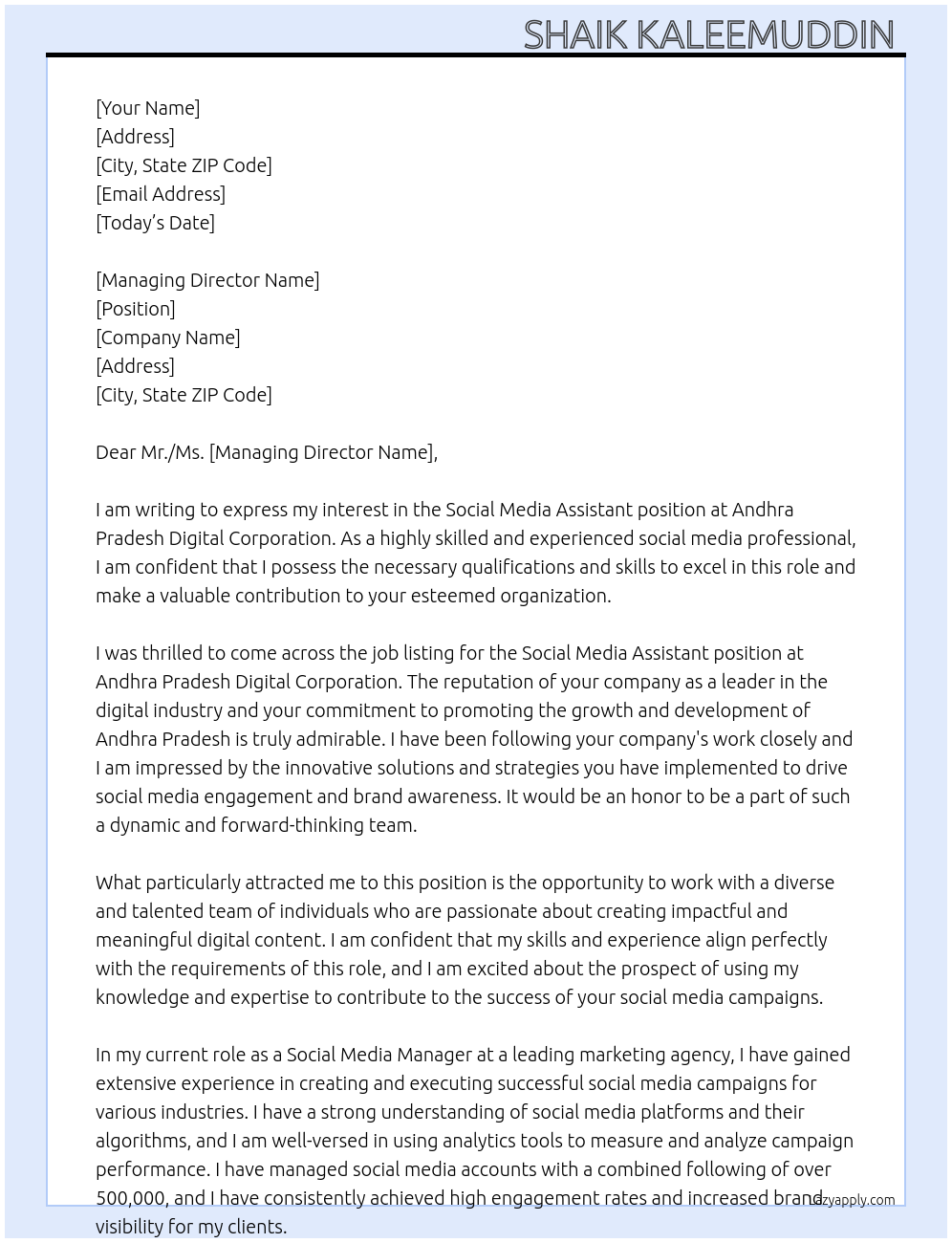 Social media assistant At Andhra Pradesh Digital Corporation Cover Letter