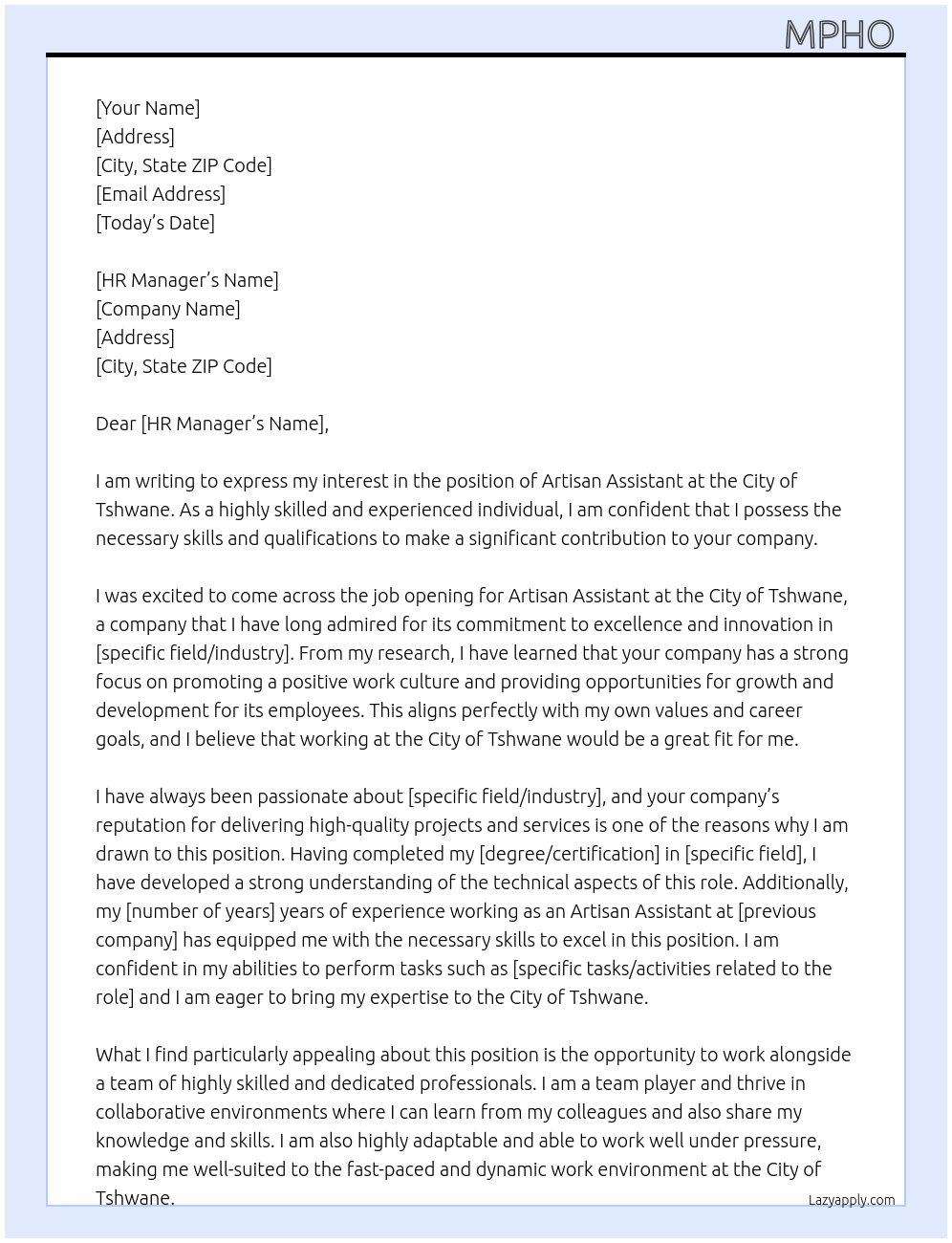 Artisan Assistant At city of tshwane Cover Letter