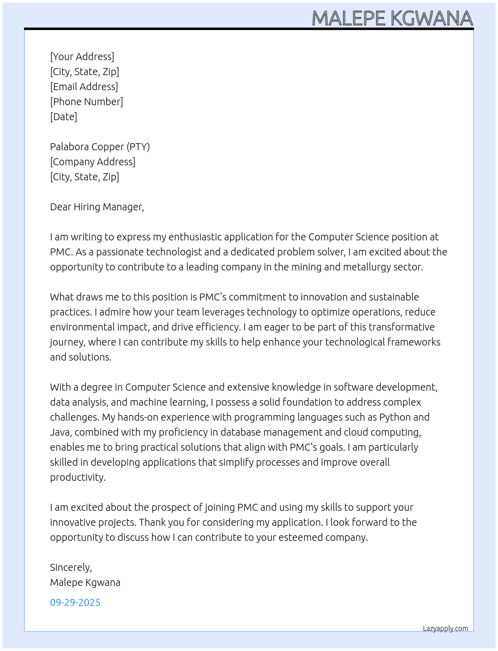 Cover letter for computer science - LazyApply