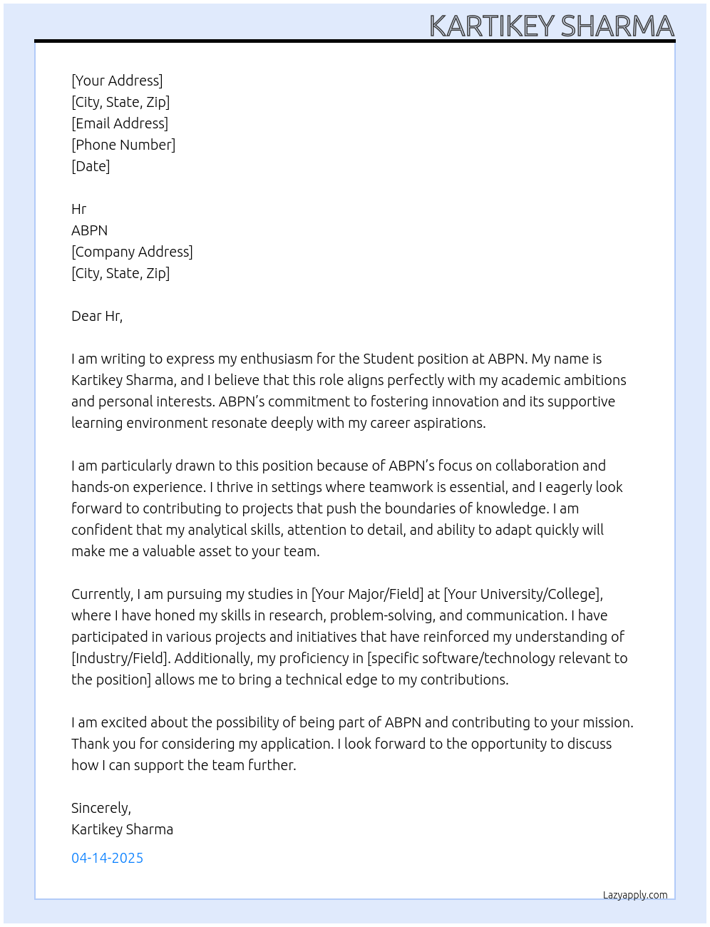 Student At ABPN Cover Letter