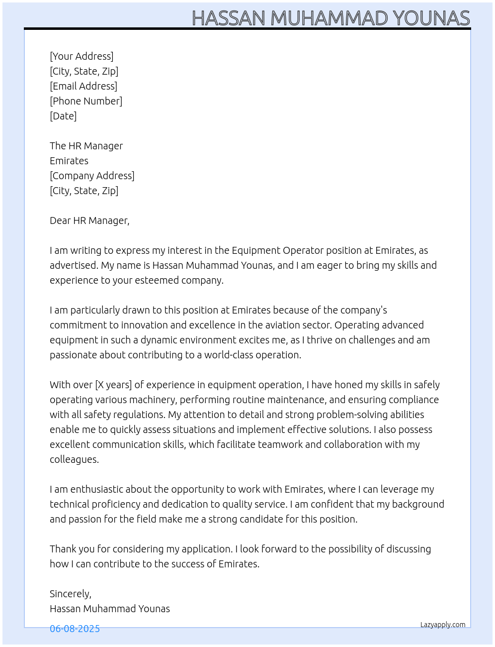 Equipment operator At Emirates Cover Letter