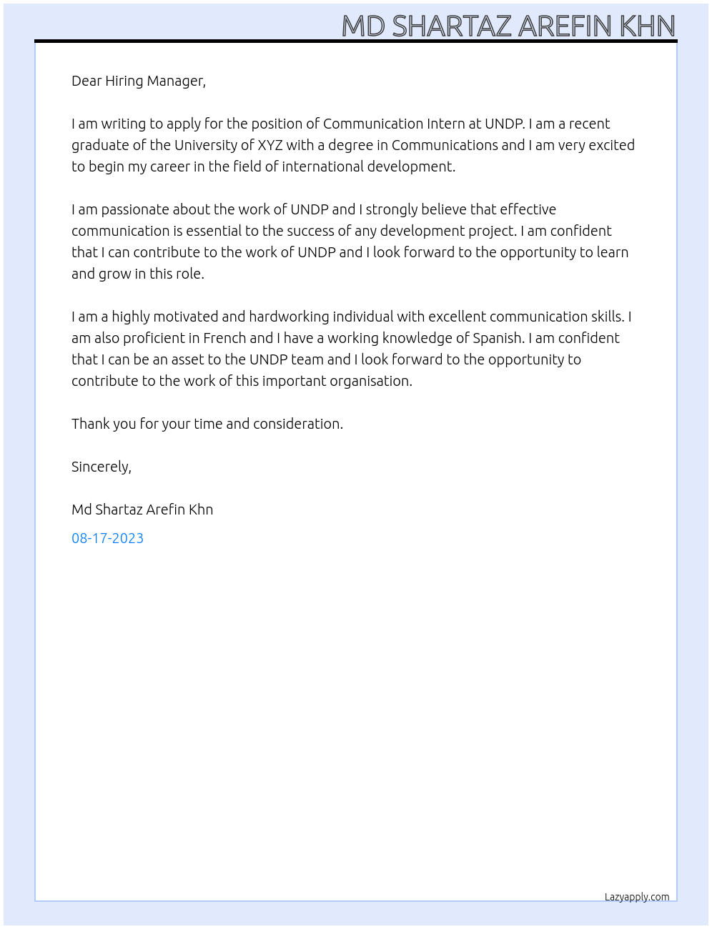 Communication Intern At UNDP Cover Letter