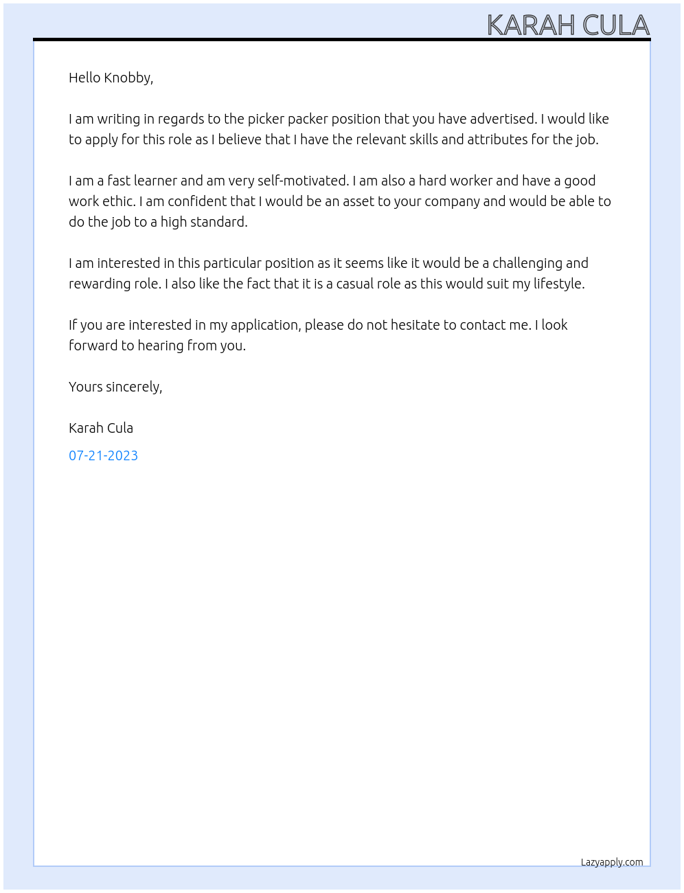 picker packer At Knobby Cover Letter