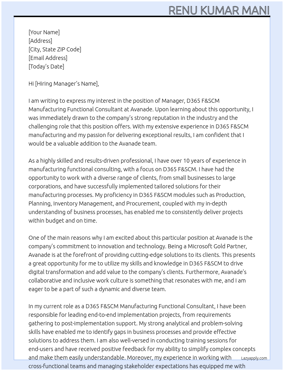 Manager, D365 F&SCM Manufacturing Functional Consultant At Avanade Cover Letter