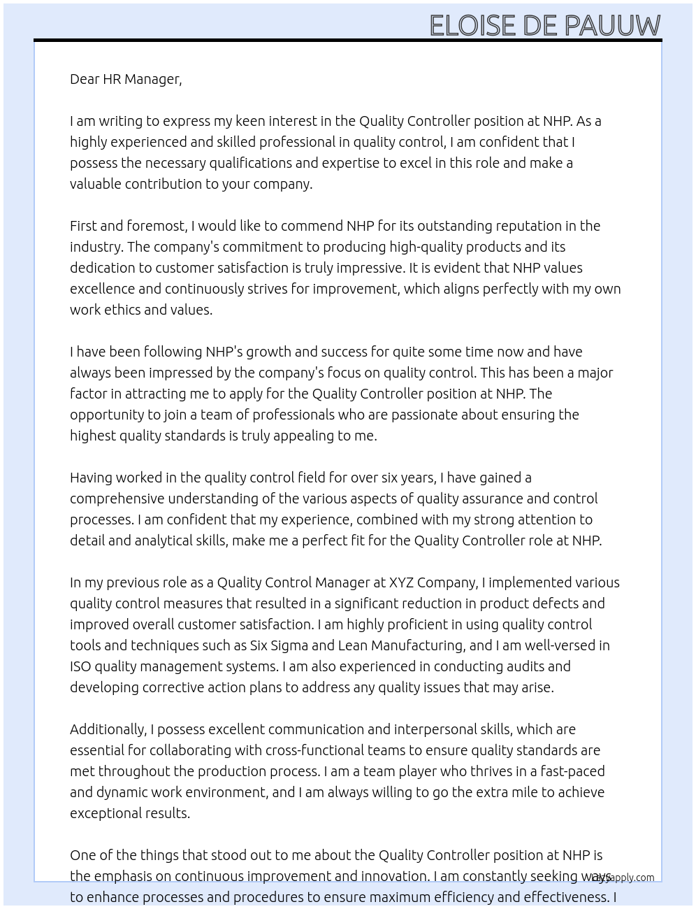 Quality Controller At NHP Cover Letter