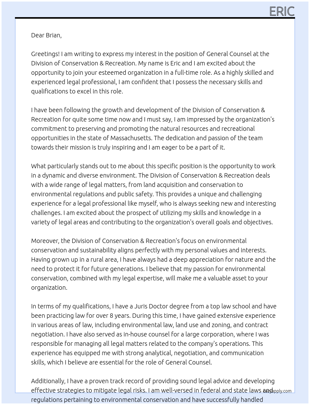 General Counsel At Division of Conservation & Recreation Cover Letter