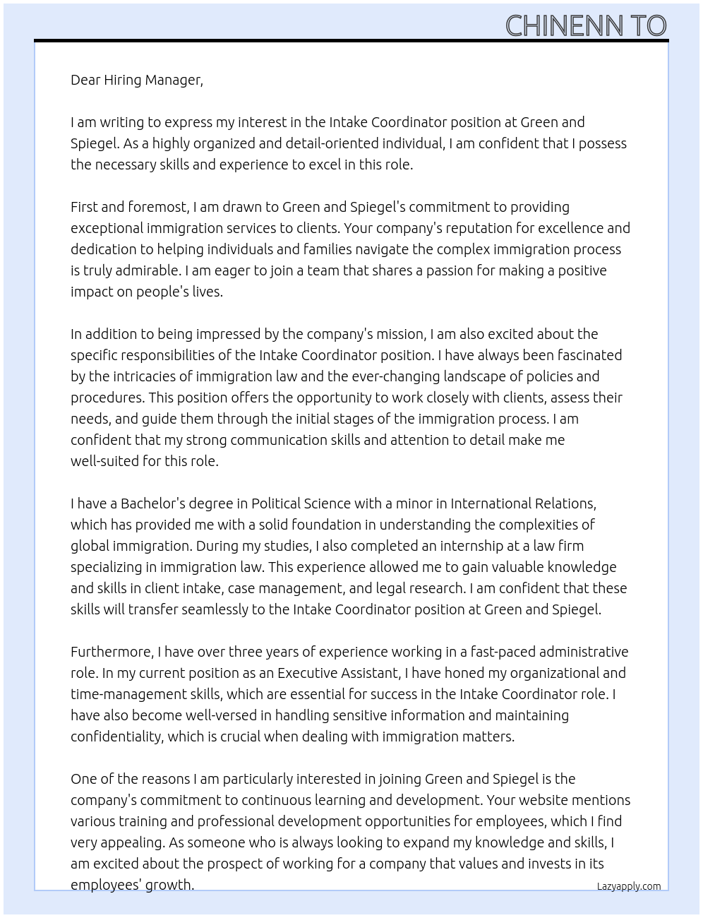 Intake Coordinator At Green and Spiegel Cover Letter