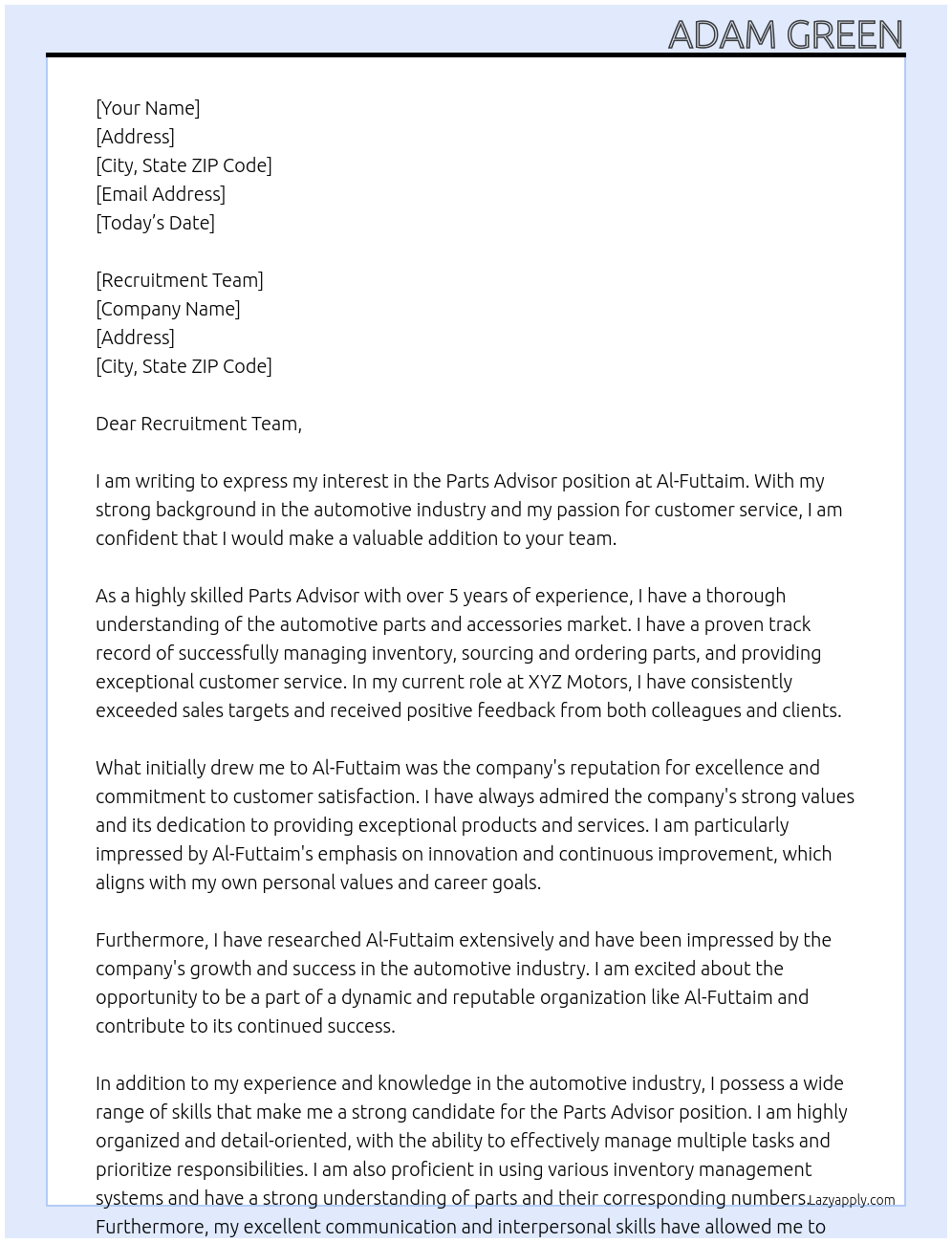 Parts advisor At Al-Futtaim Cover Letter