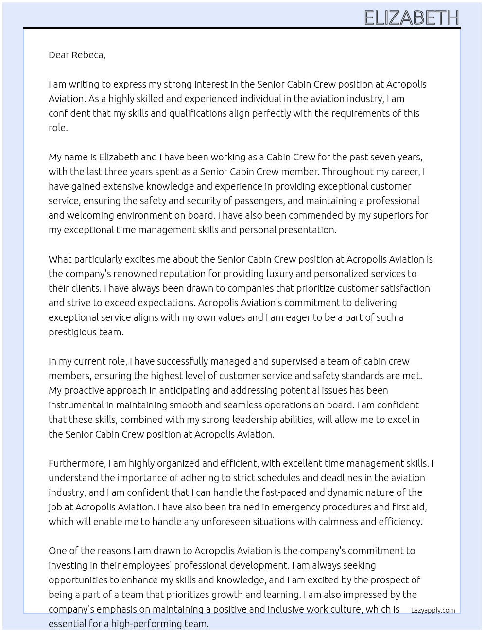 senior cabin crew At acropolis aviation Cover Letter