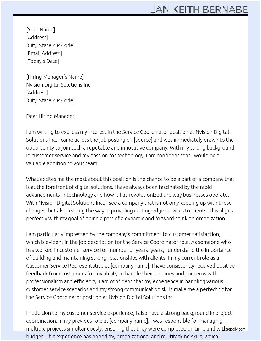 Service Coordinator At Nvision Digital Solutions Inc. Cover Letter