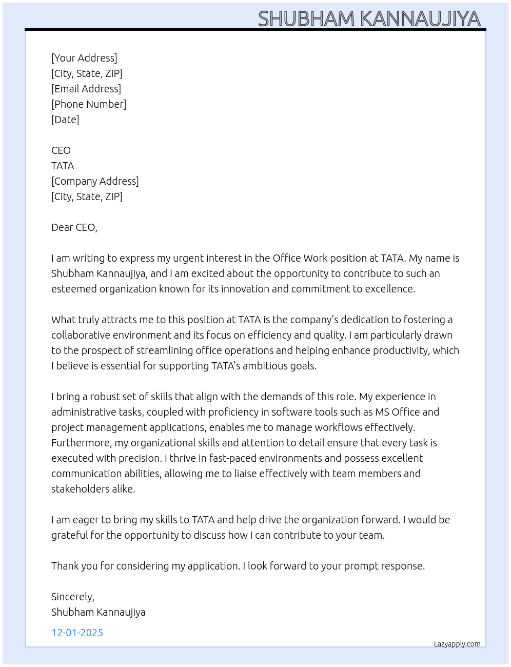 Office work At TATA Cover Letter