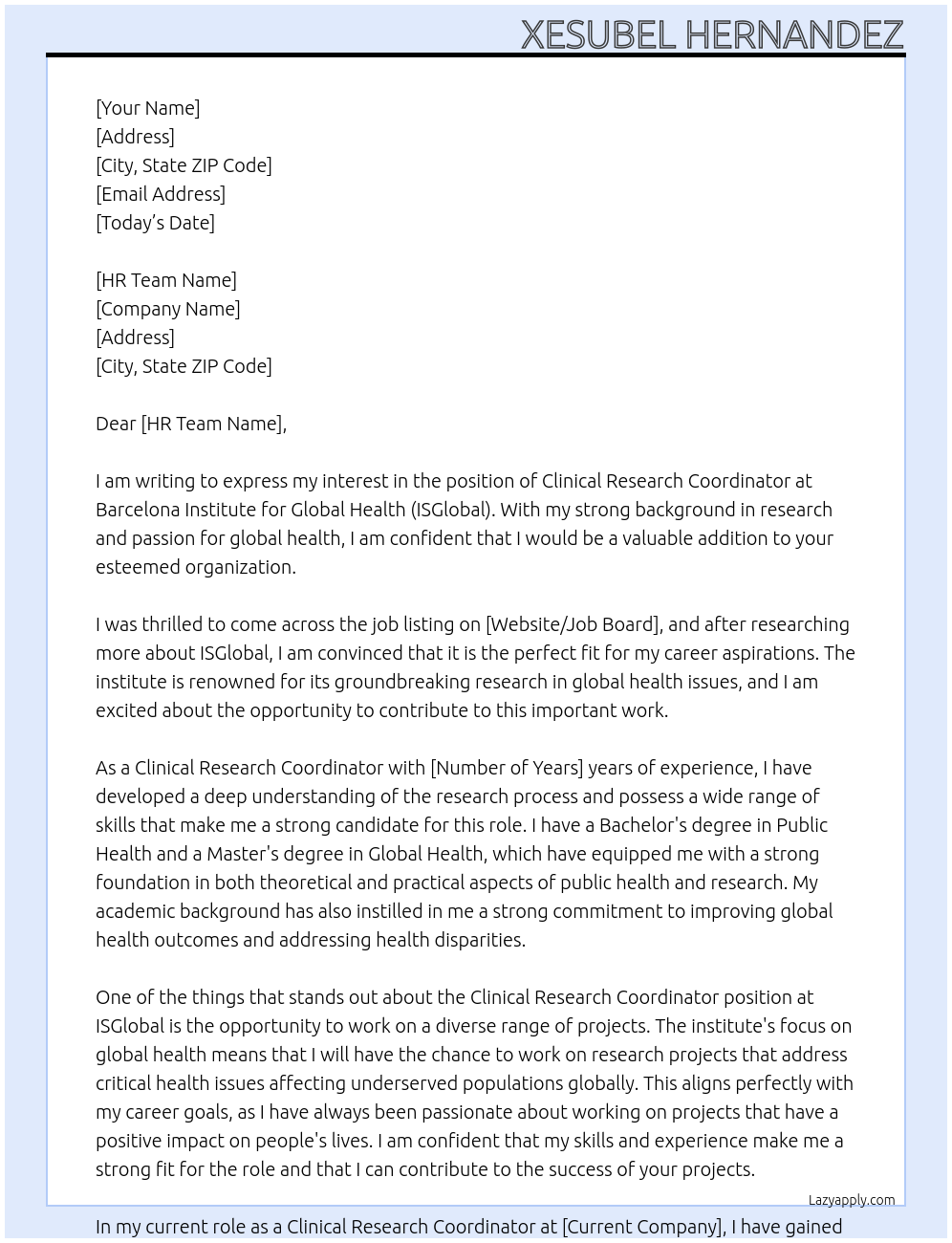 Clinical Research Coordinator At Barcelona Institute for Global Health (ISGlobal) Cover Letter