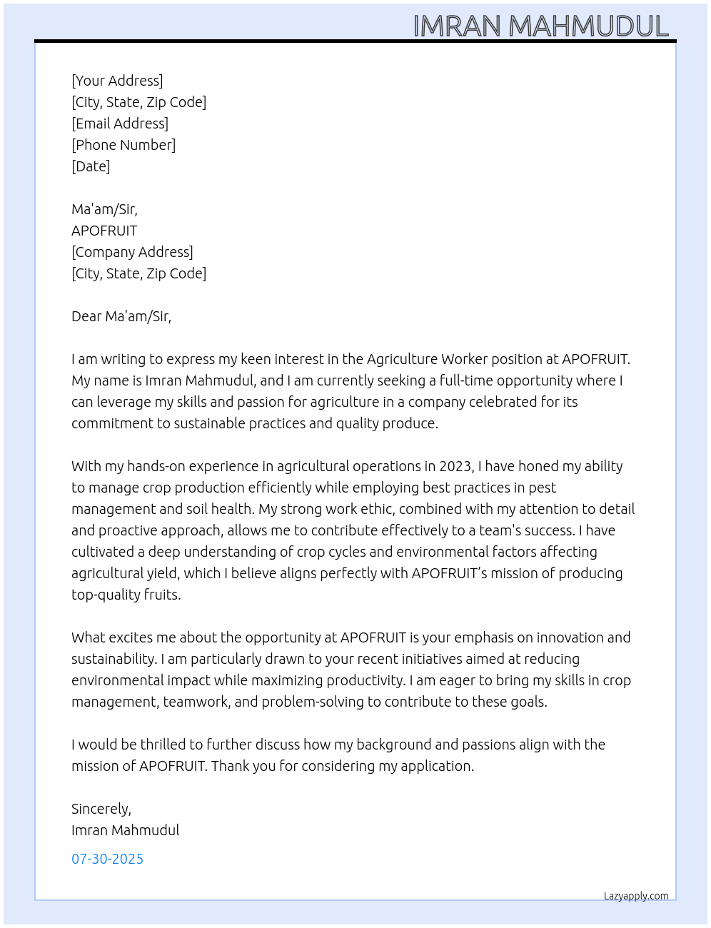 Agriculture Worker At APOFRUIT Cover Letter