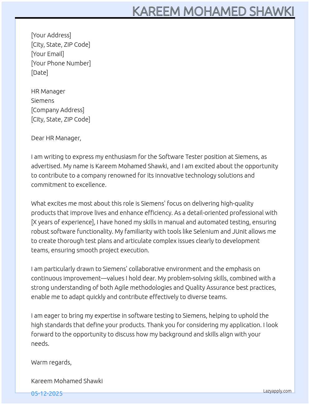 Software Tester At Siemens Cover Letter
