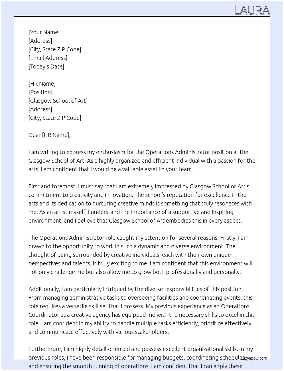 Operations Administrator At Glasgow School of Art Cover Letter