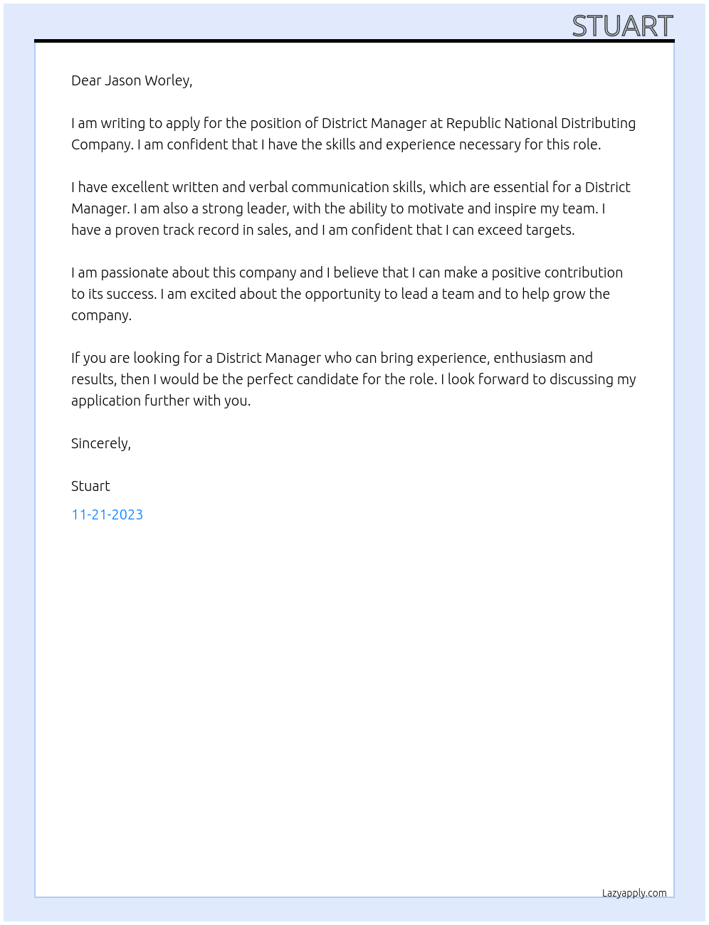 District Manager At Republic National Distributing Company Cover Letter