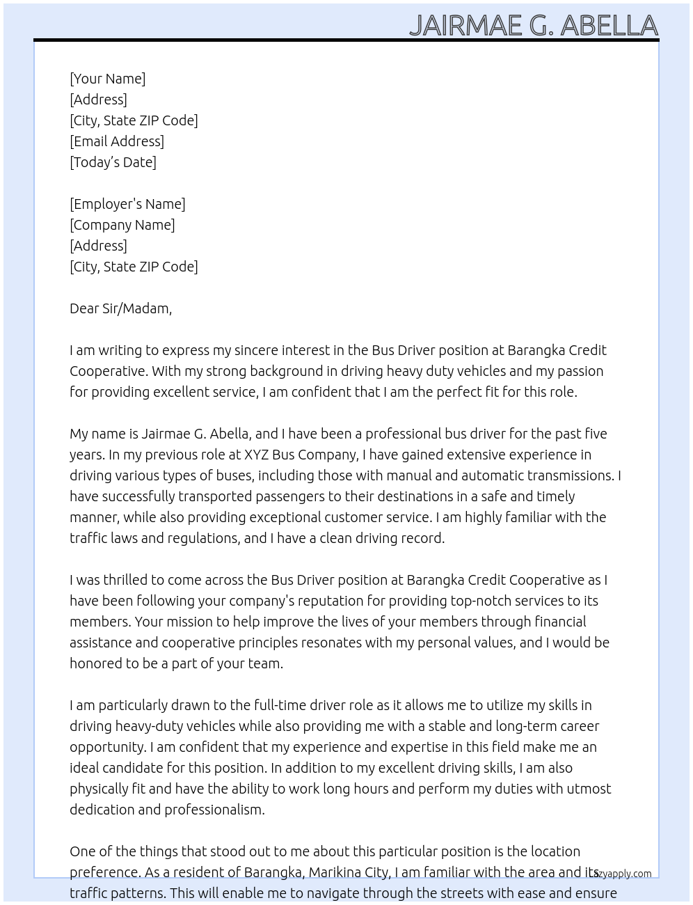 Bus Driver At Barangka Credit Cooperative Cover Letter