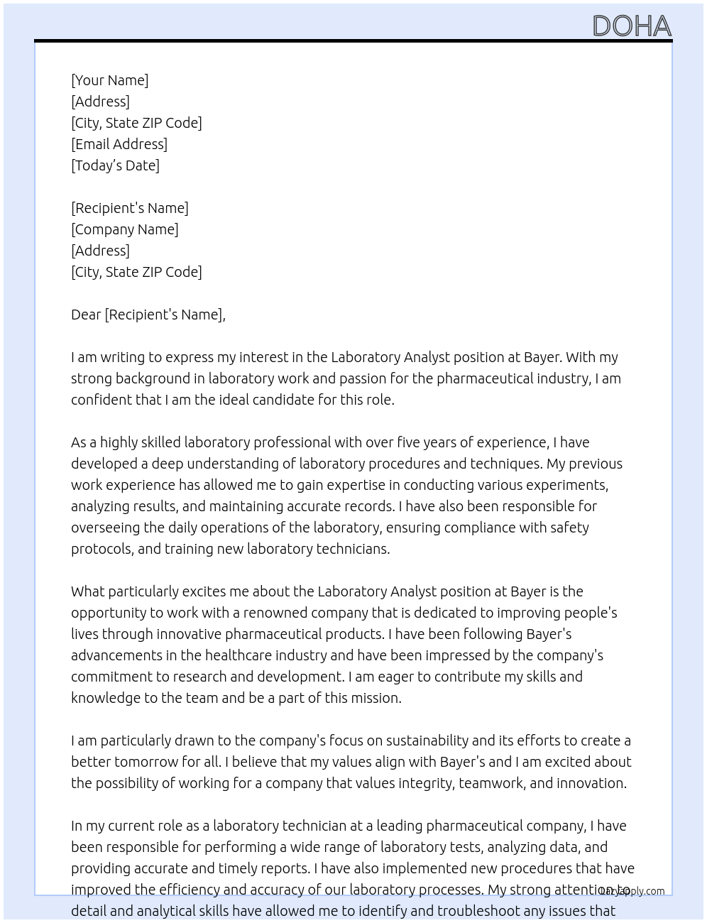 laboratory At bayer Cover Letter