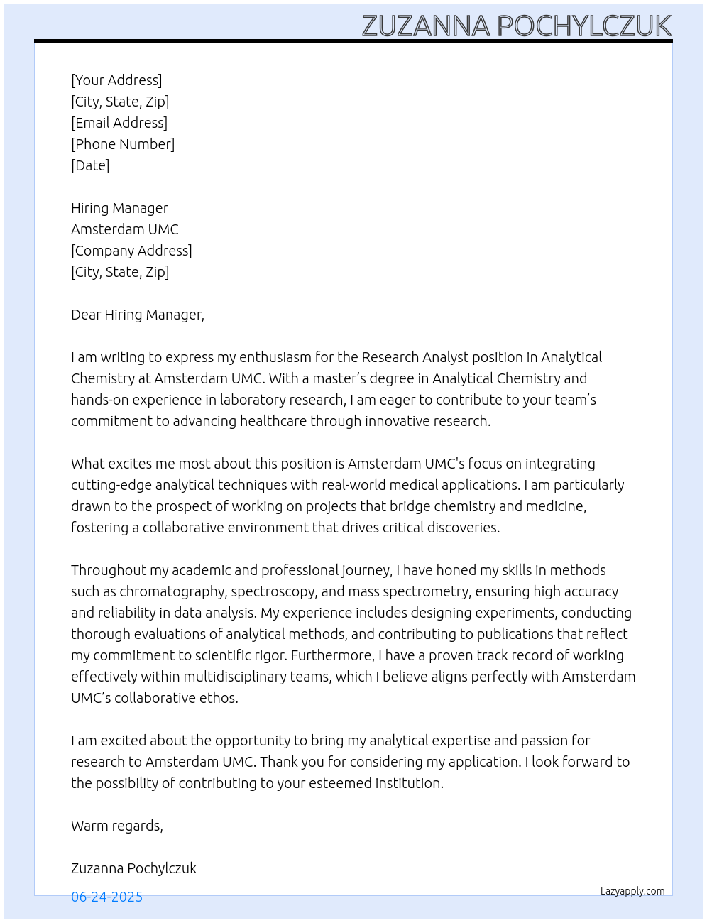 Cover letter for research analyst analytical chemistry - LazyApply