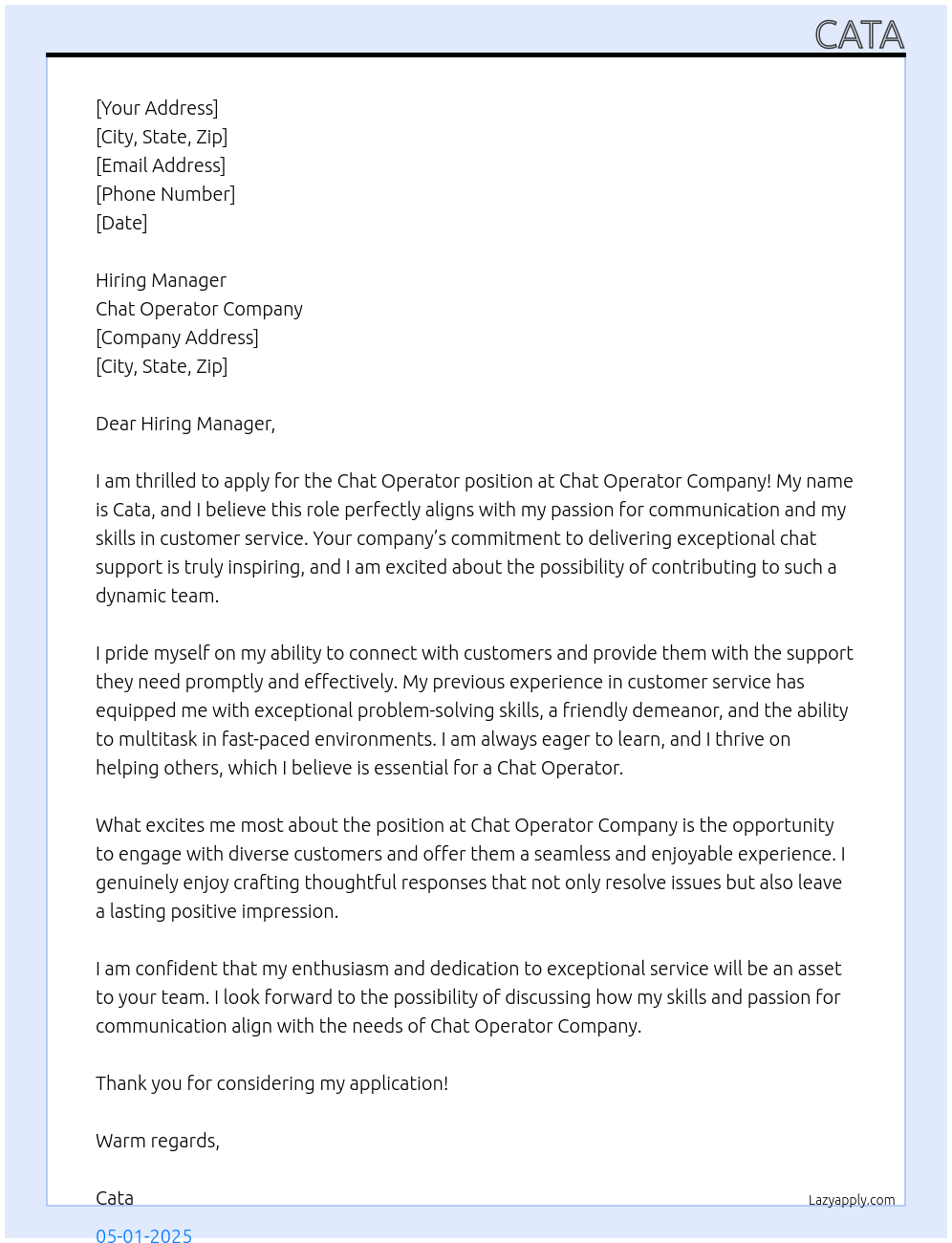 Chat operator At Chat operator company Cover Letter
