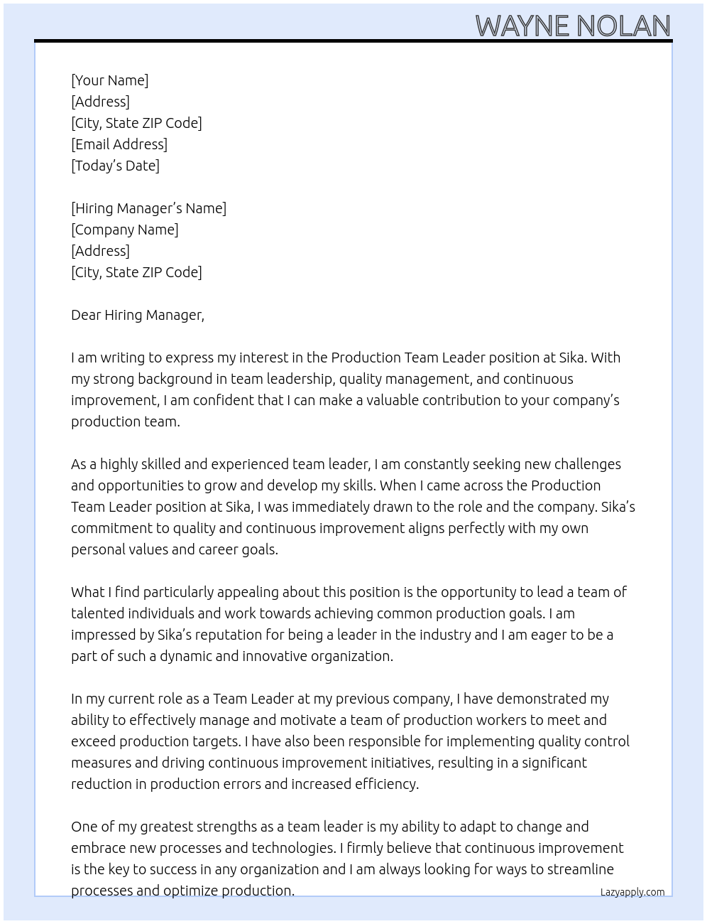 Production Team Leader At Sika Cover Letter