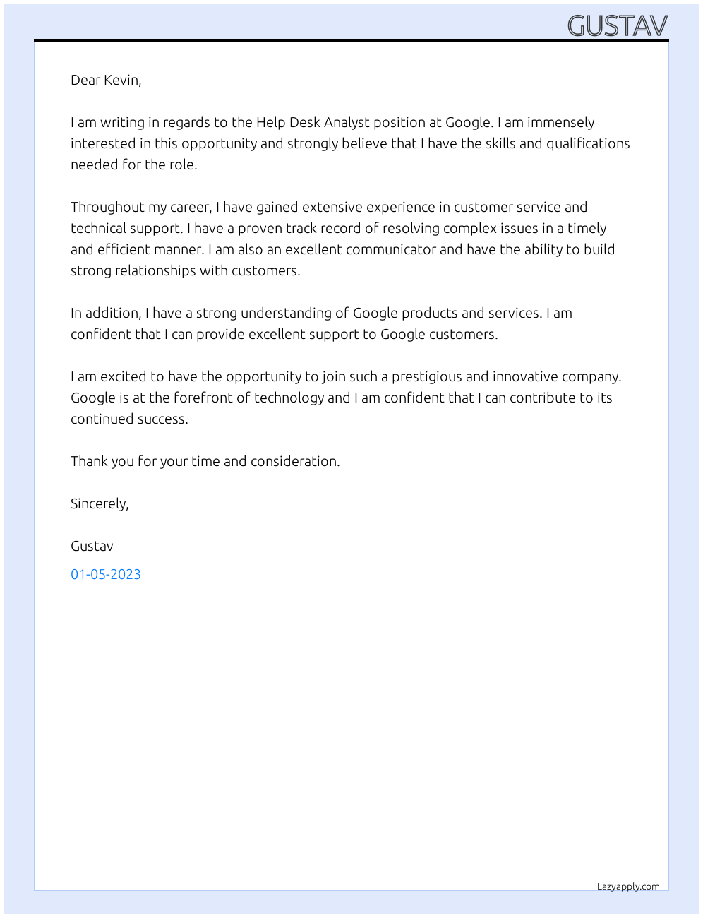 Help Desk Analyst At Google Cover Letter