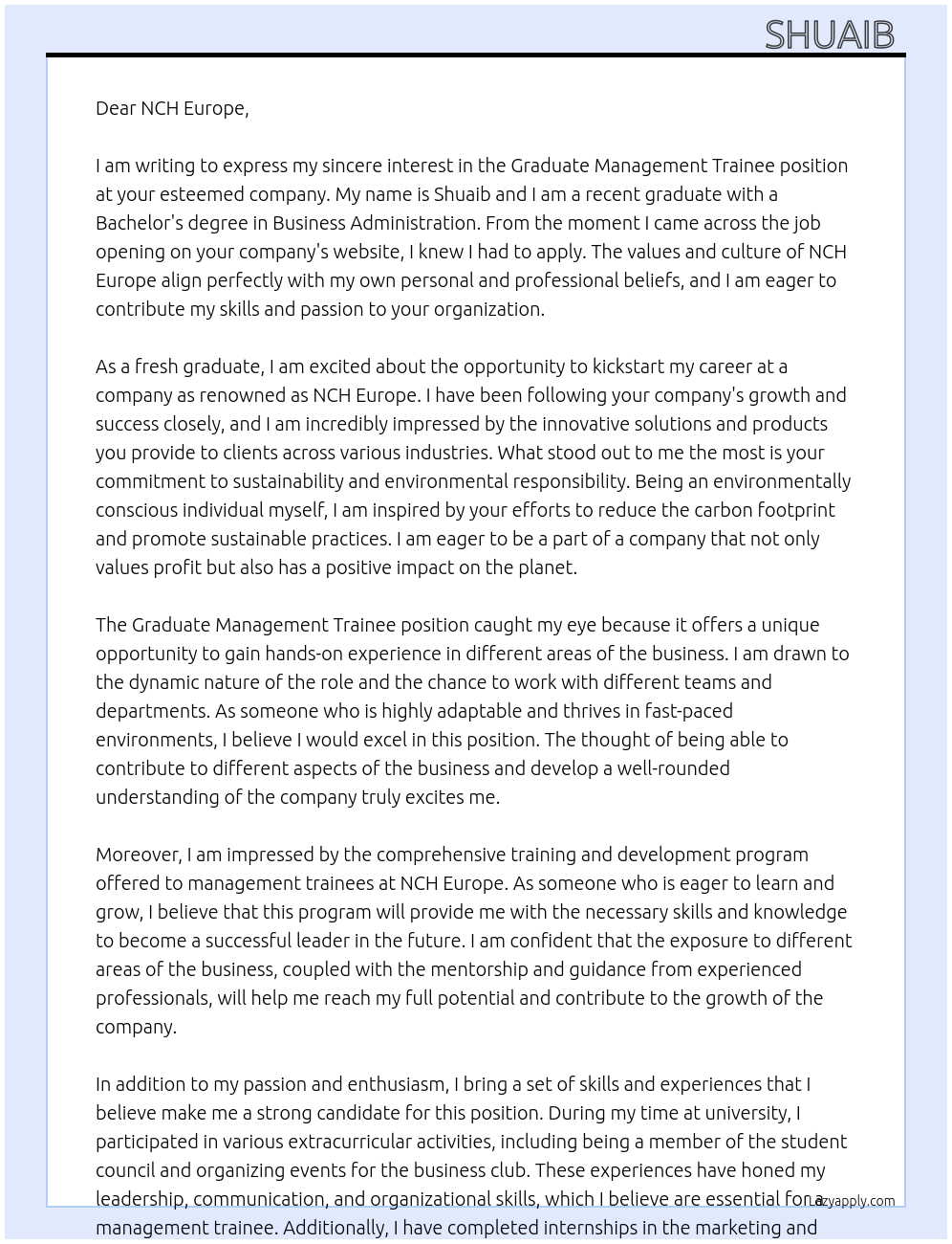 Graduate Management Trainee At NCH Europe Cover Letter