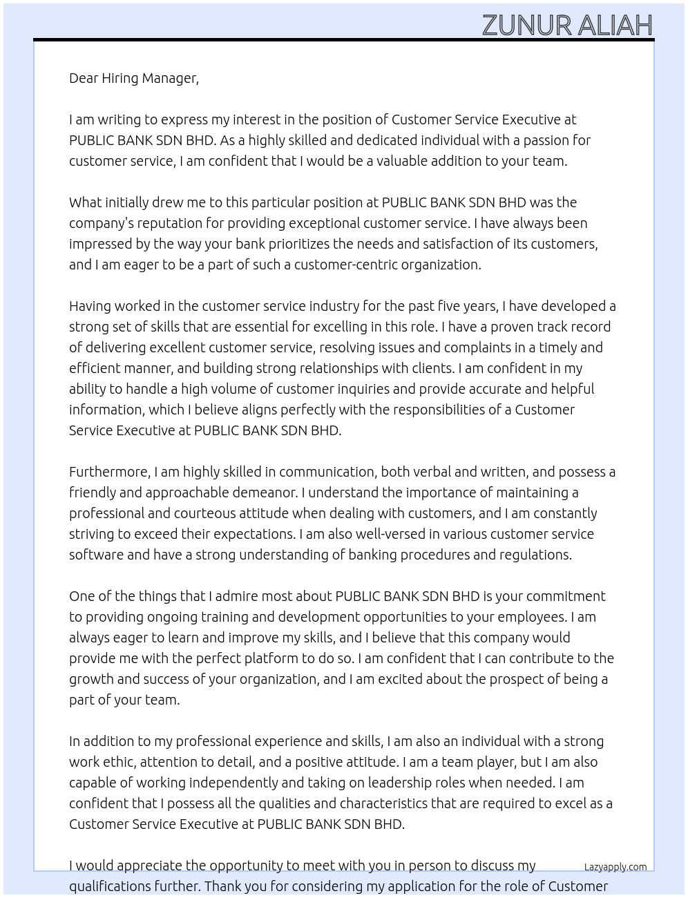 Customer Service Executive At PUBLIC BANK SDN BHD Cover Letter