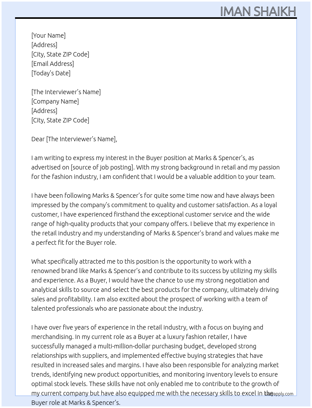 Buyer At Marks & spencers Cover Letter